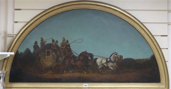 Victorian School, oil on canvas, Coaching scene, arched, 57 x 116cm